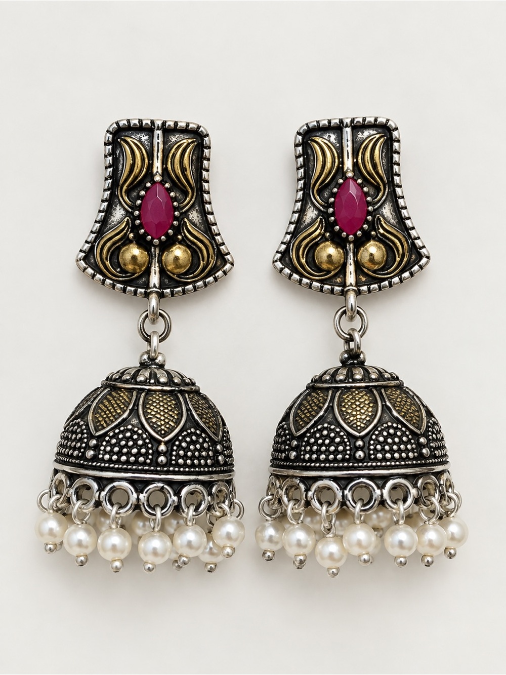 Vintage Style Indian Jhumka Necklace & Earrings Set Oxidized Silver Gold Tone Pi - Picture 6 of 10